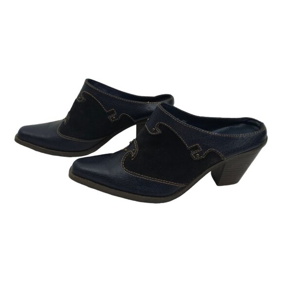 Western Blue Leather Suede Mules Boot Style Clogs Sz 6 Brass Studs Rodeo Slip On - Picture 11 of 12